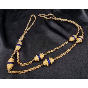 Vintage 1960's TRIFARI Signed Gold & Blue Enamel Ornate  Long Statement Necklace